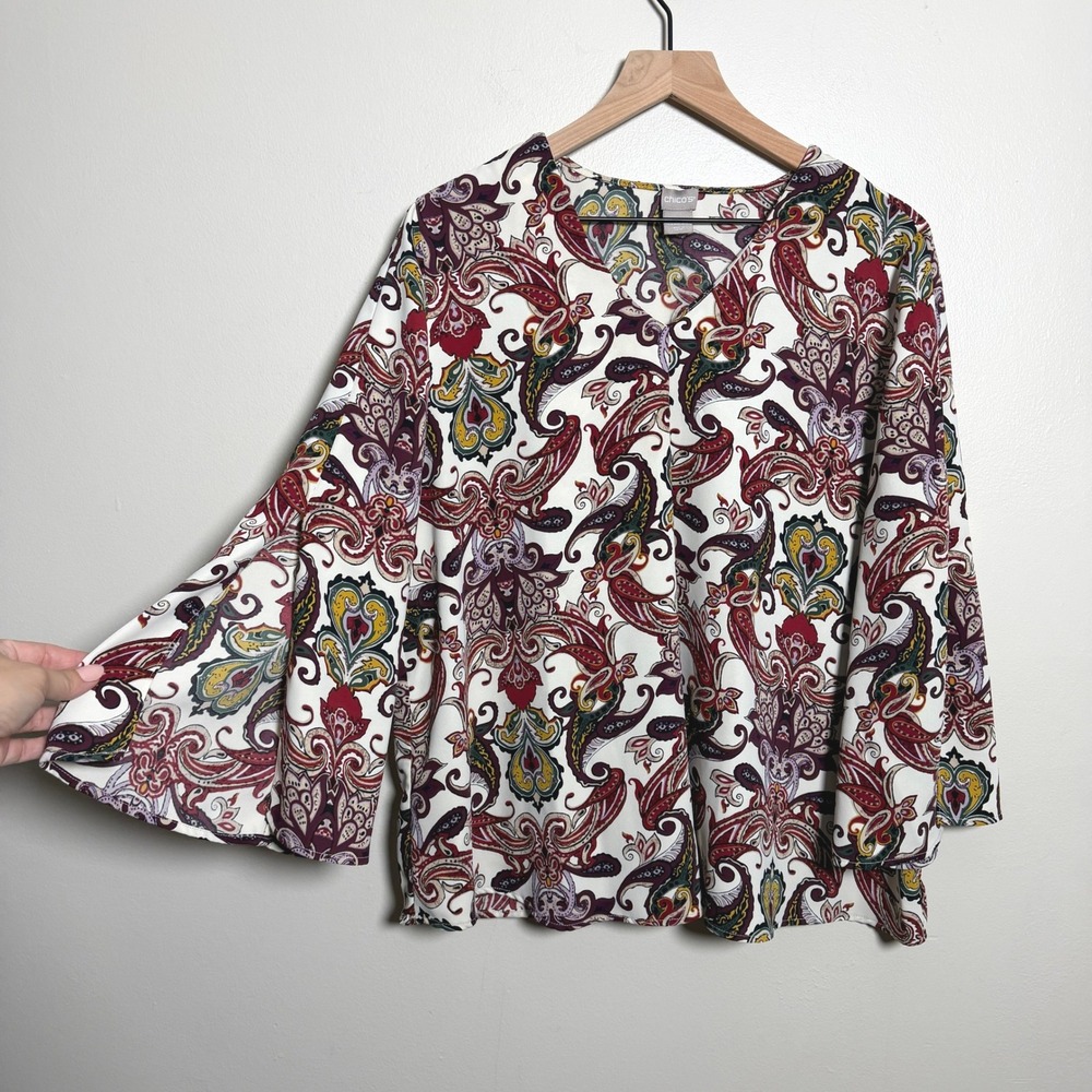 Chicos Paisley Medallion V-Neck Blouse Bell Sleeve Size 2 US 12/14 Burgundy Gold